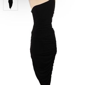 Black ruched,open shoulder cocktail dress.